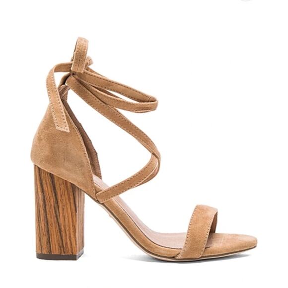 Raye Belle Wrap Heels 9 Suede Tan Brown Wooden Sandals Boho - Picture 1 of 8
